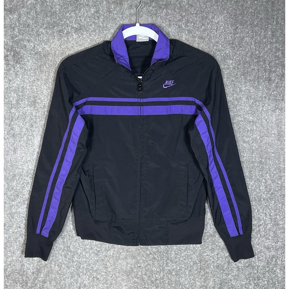 Vintage Nike Windbreaker Track Jacket Womens Size XS Black Purple Stripe Pockets
